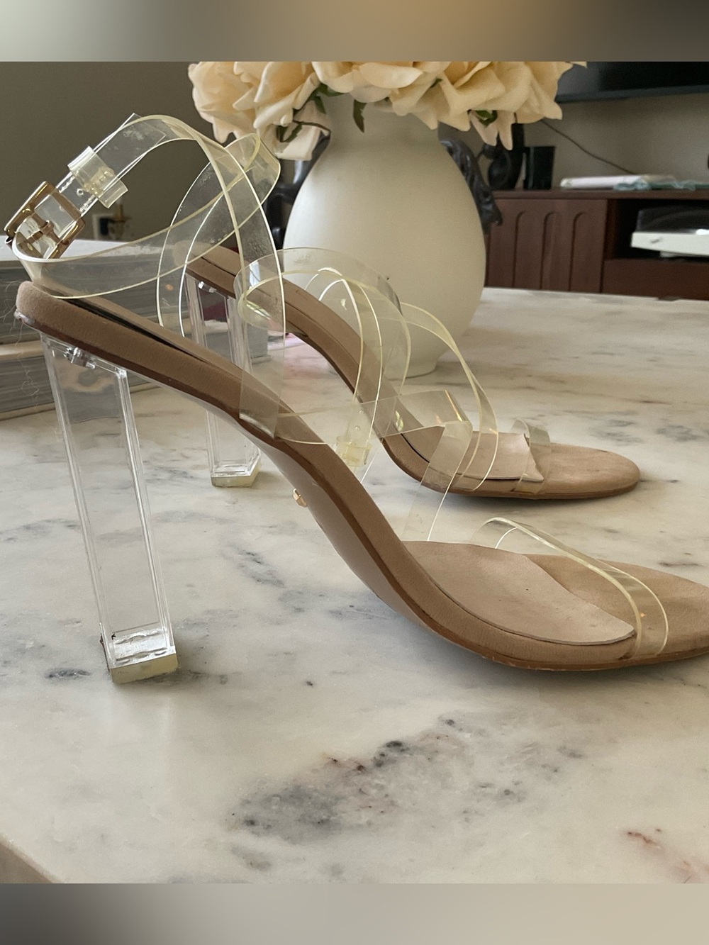 Raye - Clear Strap Block Heel Sandals - Nude